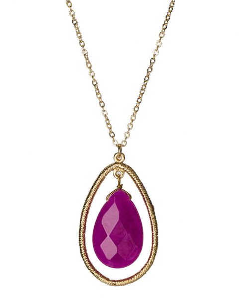 Gold-Tone Large Tear Drop Oval with Central Magenta Stone Pendant Necklace by Jewelry Nexus
