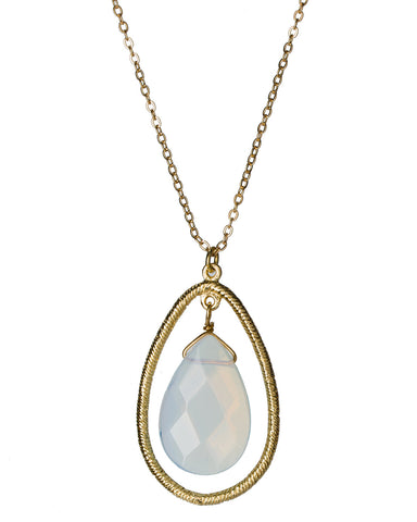 Gold-Tone Large Tear Drop Oval with Central Clear Light Blue Glass Stone Pendant Necklace