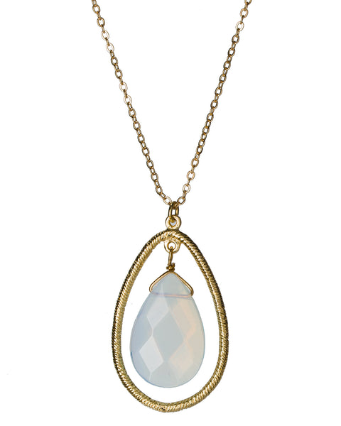 Gold-Tone Large Tear Drop Oval with Central Stone Pendant Necklace by Jewelry Nexus