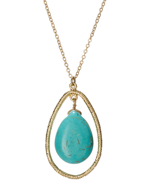 Gold-Tone Large Tear Drop Oval with Central Blue Synthetic Turquoise Stone Pendant Necklace
