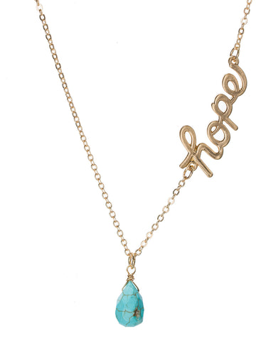 Gold-Tone Hope Script Dangling Stone Pendant Chain Necklace by Jewelry Nexus