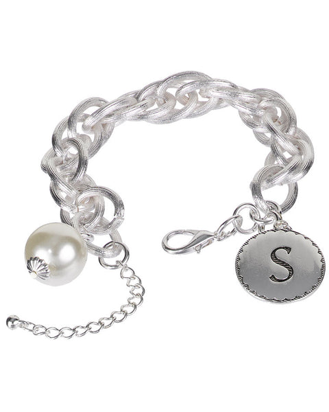 Medallion "S" Monogram Charm with Faux Pearl Chain Statement Silver Tone Bracelet - Jewelry Nexus