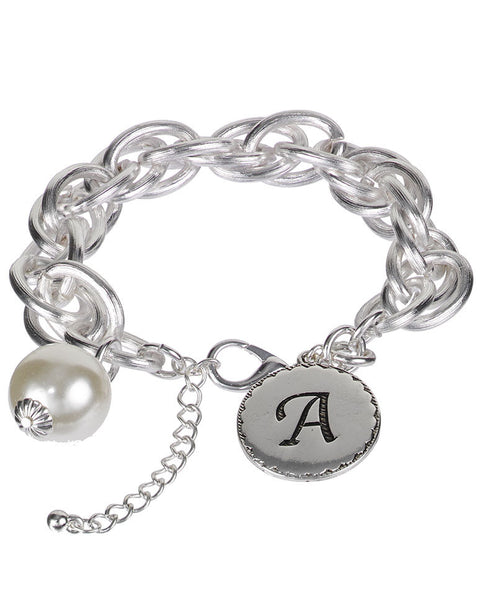 Medallion "A" Monogram Charm with Faux Pearl Chain Statement Silver Tone Bracelet - Jewelry Nexus