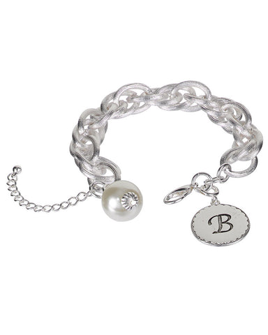 Medallion "B" Monogram Charm with Faux Pearl Chain Statement Silver Tone Bracelet - Jewelry Nexus