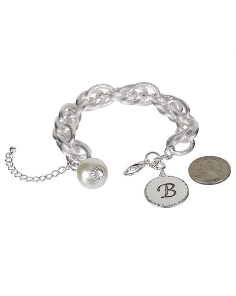 Medallion "B" Monogram Charm with Faux Pearl Chain Statement Silver Tone Bracelet - Jewelry Nexus