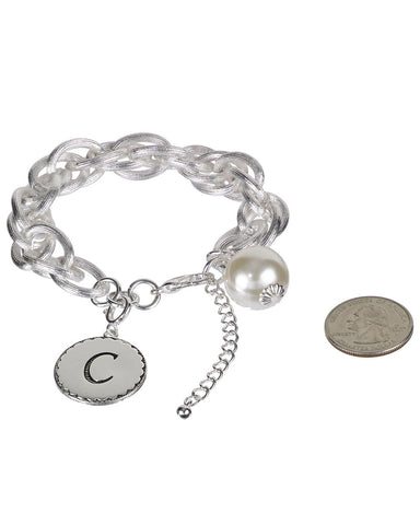 Medallion "C" Monogram Charm with Faux Pearl Chain Statement Silver Tone Bracelet - Jewelry Nexus