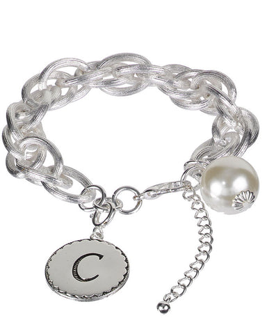 Medallion "C" Monogram Charm with Faux Pearl Chain Statement Silver Tone Bracelet - Jewelry Nexus