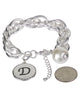 Medallion "D" Monogram Charm with Faux Pearl Chain Statement Silver Tone Bracelet - Jewelry Nexus