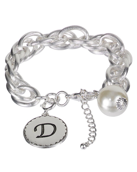 Medallion "D" Monogram Charm with Faux Pearl Chain Statement Silver Tone Bracelet - Jewelry Nexus