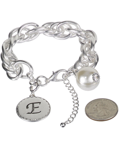 Medallion "E" Monogram Charm with Faux Pearl Chain Statement Silver Tone Bracelet - Jewelry Nexus