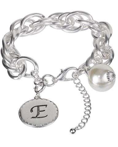 Medallion "E" Monogram Charm with Faux Pearl Chain Statement Silver Tone Bracelet - Jewelry Nexus