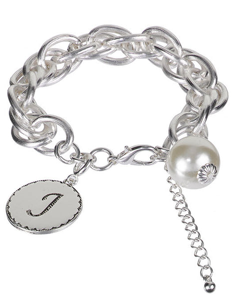 Medallion "J" Monogram Charm with Faux Pearl Chain Statement Silver Tone Bracelet - Jewelry Nexus