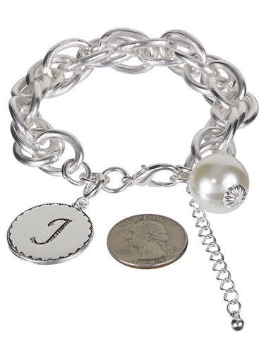 Medallion "J" Monogram Charm with Faux Pearl Chain Statement Silver Tone Bracelet - Jewelry Nexus