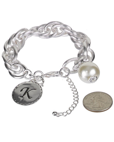 Medallion "K" Monogram Charm with Faux Pearl Chain Statement Silver Tone Bracelet - Jewelry Nexus