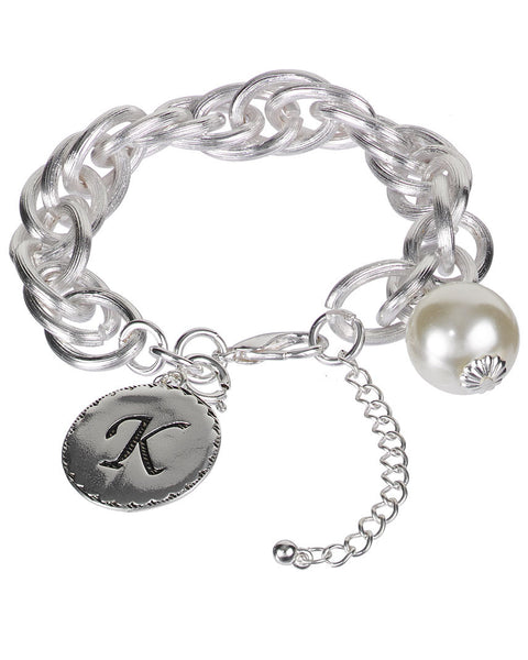Medallion "K" Monogram Charm with Faux Pearl Chain Statement Silver Tone Bracelet - Jewelry Nexus