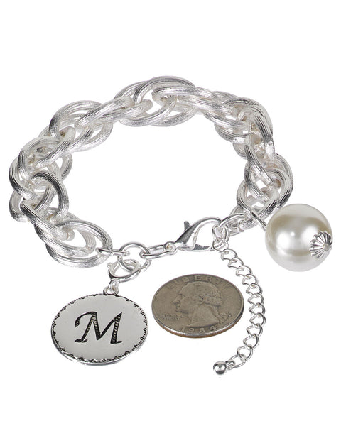Medallion "M" Monogram Charm with Faux Pearl Chain Statement Silver Tone Bracelet - Jewelry Nexus