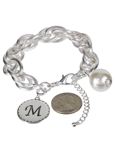 Medallion "M" Monogram Charm with Faux Pearl Chain Statement Silver Tone Bracelet - Jewelry Nexus