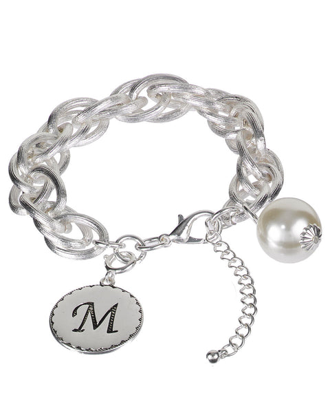 Medallion "M" Monogram Charm with Faux Pearl Chain Statement Silver Tone Bracelet - Jewelry Nexus