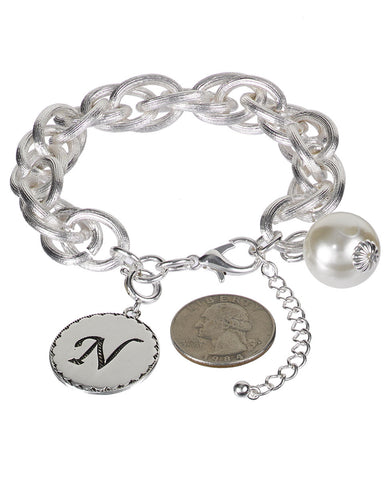 Medallion "N" Monogram Charm with Faux Pearl Chain Statement Silver Tone Bracelet - Jewelry Nexus