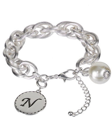 Medallion "N" Monogram Charm with Faux Pearl Chain Statement Silver Tone Bracelet - Jewelry Nexus