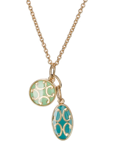 Gold-Tone Horseshoe Filigree Small Cream Circular & Blue Oval Enamel Pendant Charm Necklace