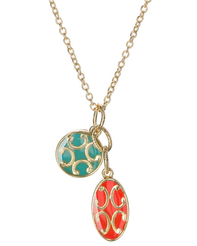 Gold-Tone Horseshoe Filigree Small Blue Circular & Orange Coral Oval Enamel Pendant Charm Necklace