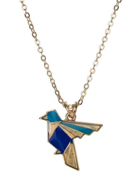 Gold-Tone Dangling Mosaic Small Bird Enamel Pendant Charm Necklace by Jewelry Nexus