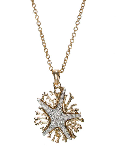 Gold-Tone & Silver-Tone Dangling Starfish & Marine Branch & Pendant Charm Necklace by Jewelry Nexus