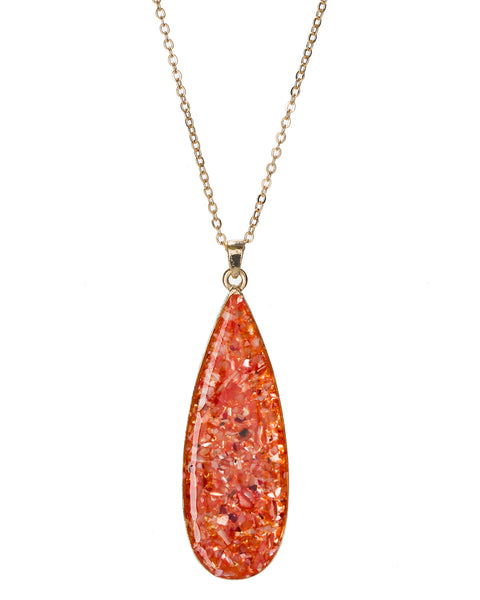 Gold-Tone Dangling Long Bold Textured Tear Drop Chain Peach Coral Stone Necklace by Jewelry Nexus