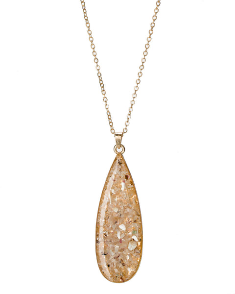 Gold-Tone Dangling Long Bold Textured Tear Drop Chain Beige Stone Necklace by Jewelry Nexus