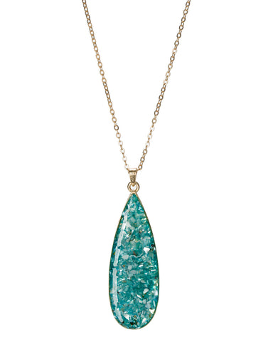 Gold-Tone Dangling Long Bold Textured Tear Drop Chain Blue Synthetic Turquoise Stone Necklace