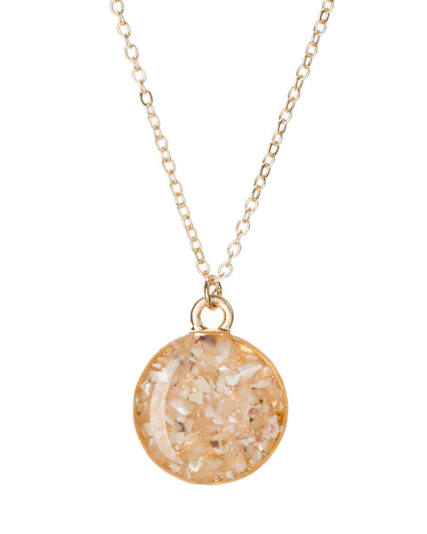 Gold-Tone Circular Enamel Cream Natural Flake Stone Pendant Necklace by Jewelry Nexus