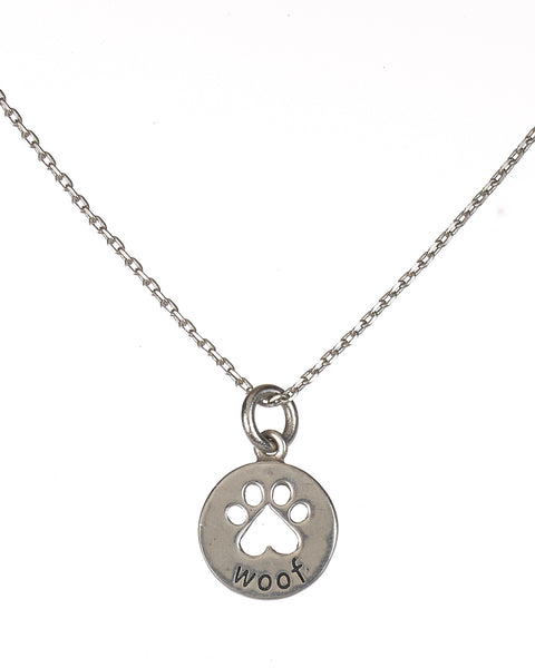 Silver-tone Pewter Dog Paw Cut Out Circular Woof Plaque Necklace Purchases Go To Greater Good Rescue