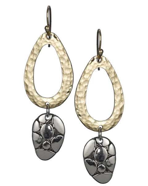 Hammered Oval & Stippled Dangling Pebble Earrings by Jewelry Nexus