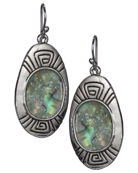 Etched Abalone Shell Squaring Swirl Pattern Dangle Earrings on a French Wire by Jewelry Nexus