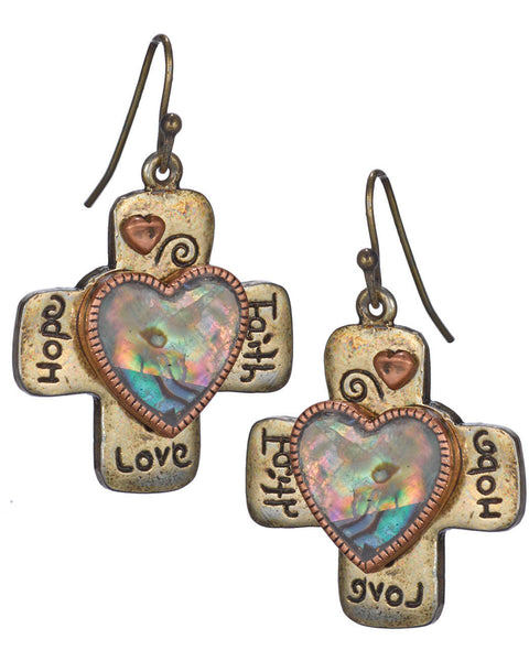 Cross Hope Faith Love Abalone Shell Earrings on a French Wire by Jewelry Nexus