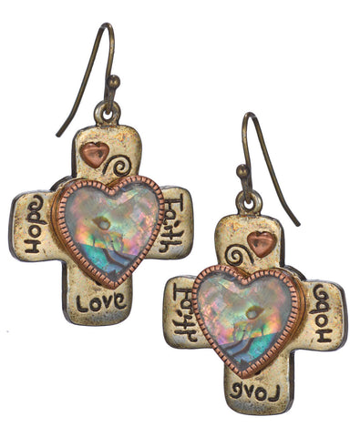 Cross Hope Faith Love Abalone Shell Earrings on a French Wire by Jewelry Nexus