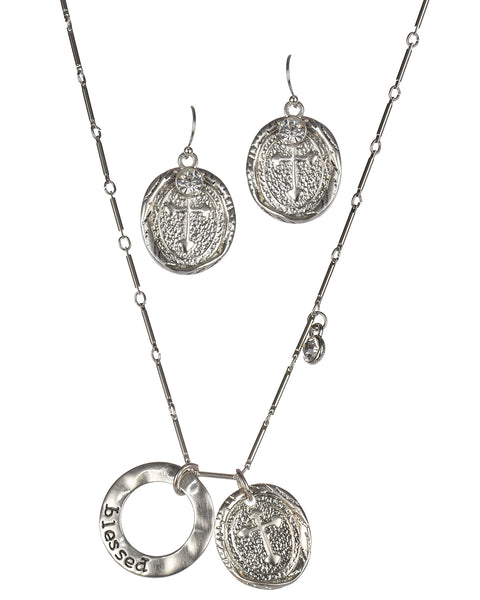 Hammered Blessed Ring & Cross with Rhinestone Necklace & Earrings Set by Jewelry Nexus