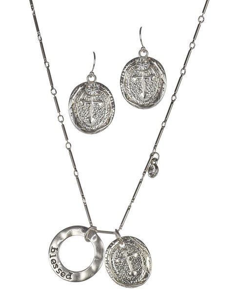 Hammered Blessed Ring & Cross with Crystal Necklace & Earrings Set by Jewelry Nexus