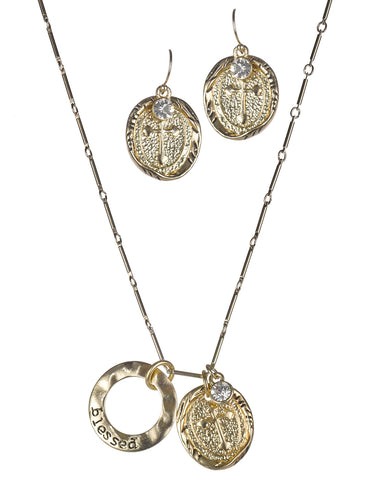 Hammered Blessed Ring & Cross with Rhinestone Necklace & Earrings Set by Jewelry Nexus