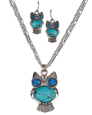 Figaro Layered Bead Chain and Owl with Rhinestone Eyes and Earrings by Jewelry Nexus