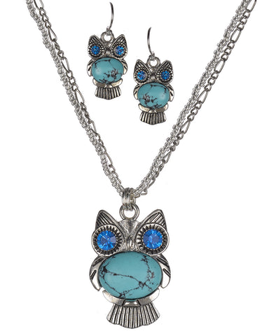 Figaro Layered Bead Chain and Owl with Crystal Eyes and Earrings by Jewelry Nexus