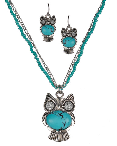 Figaro Layered Bead Chain and Owl with Rhinestone Eyes and Earrings by Jewelry Nexus