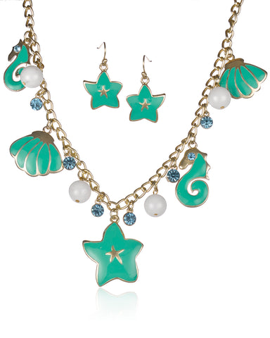 Sea Life Starfish Sea Shell Sea Horse Enamel Bead Necklace by Jewelry Nexus
