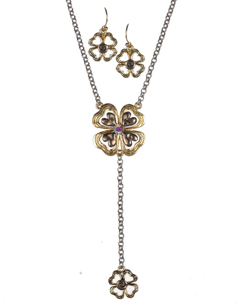 Two-Tone Lucky Clover Charm Pendant Necklace & Earring Set - Jewelry Nexus