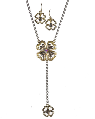 Two Tone Lucky Clover Charm Pendant Necklace & Earring Set - Jewelry Nexus