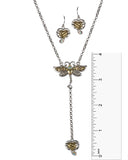Dragonfly Rhinestone & Heart Filigree Pendant Necklace Earring Set - Jewelry Nexus