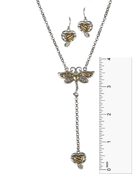 Dragonfly Rhinestone & Heart Filigree Pendant Necklace Earring Set - Jewelry Nexus