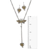 Dragonfly Rhinestone & Heart Filigree Pendant Necklace Earring Set - Jewelry Nexus