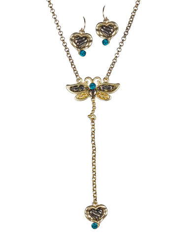 Dragonfly Rhinestone & Heart Filigree Pendant Necklace Earring Set - Jewelry Nexus